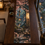 One table runner with an original Sakura Rainlight Tea Nook, crescent windows, lanterns and rainy-garden depth.
