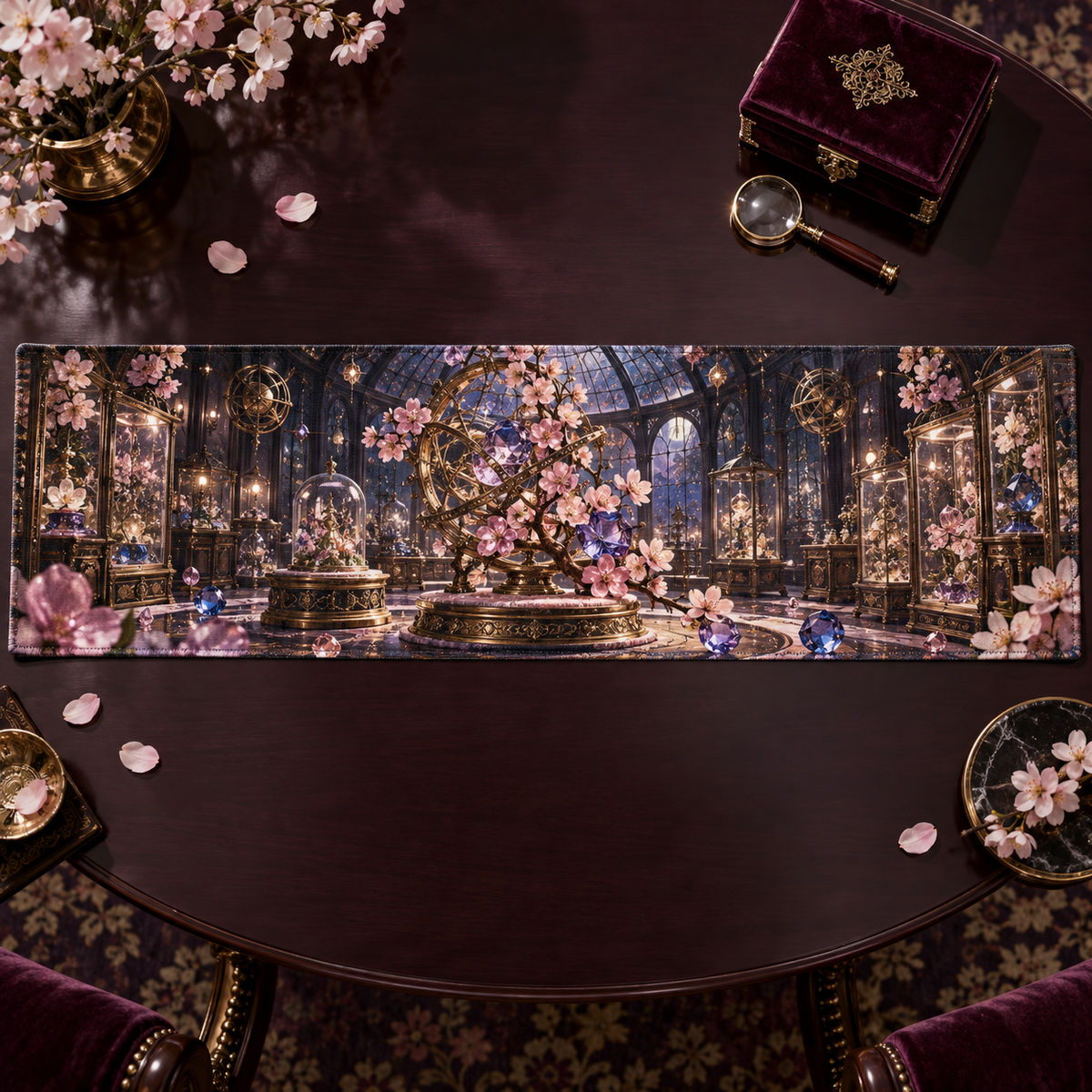 One table runner with an original Sakura Birthstone Curio Conservatory, jeweled blossoms, orrery rings and collector-gallery depth.