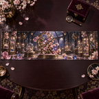 One table runner with an original Sakura Birthstone Curio Conservatory, jeweled blossoms, orrery rings and collector-gallery depth.