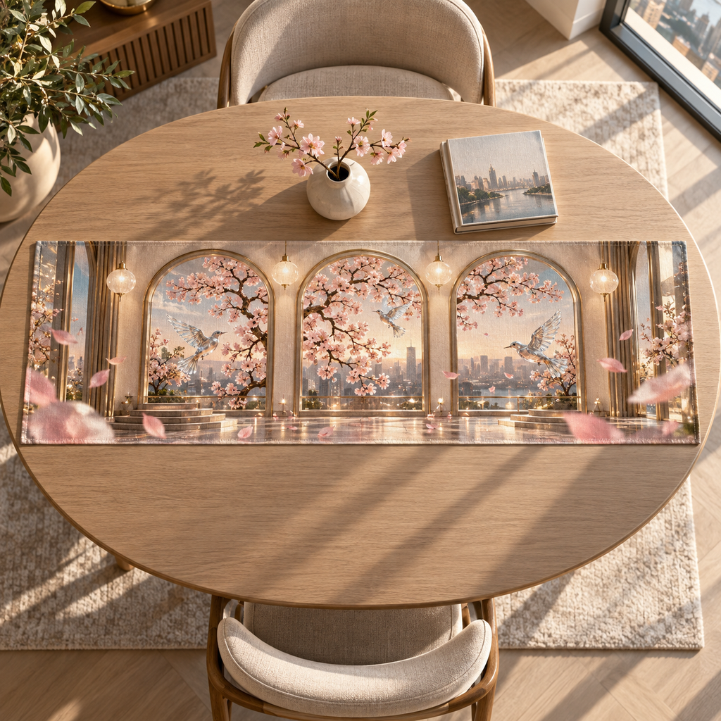 One table runner with an original Sakura Prism Triptych Loft, stained-glass blossoms, prism birds and apartment-gallery depth.