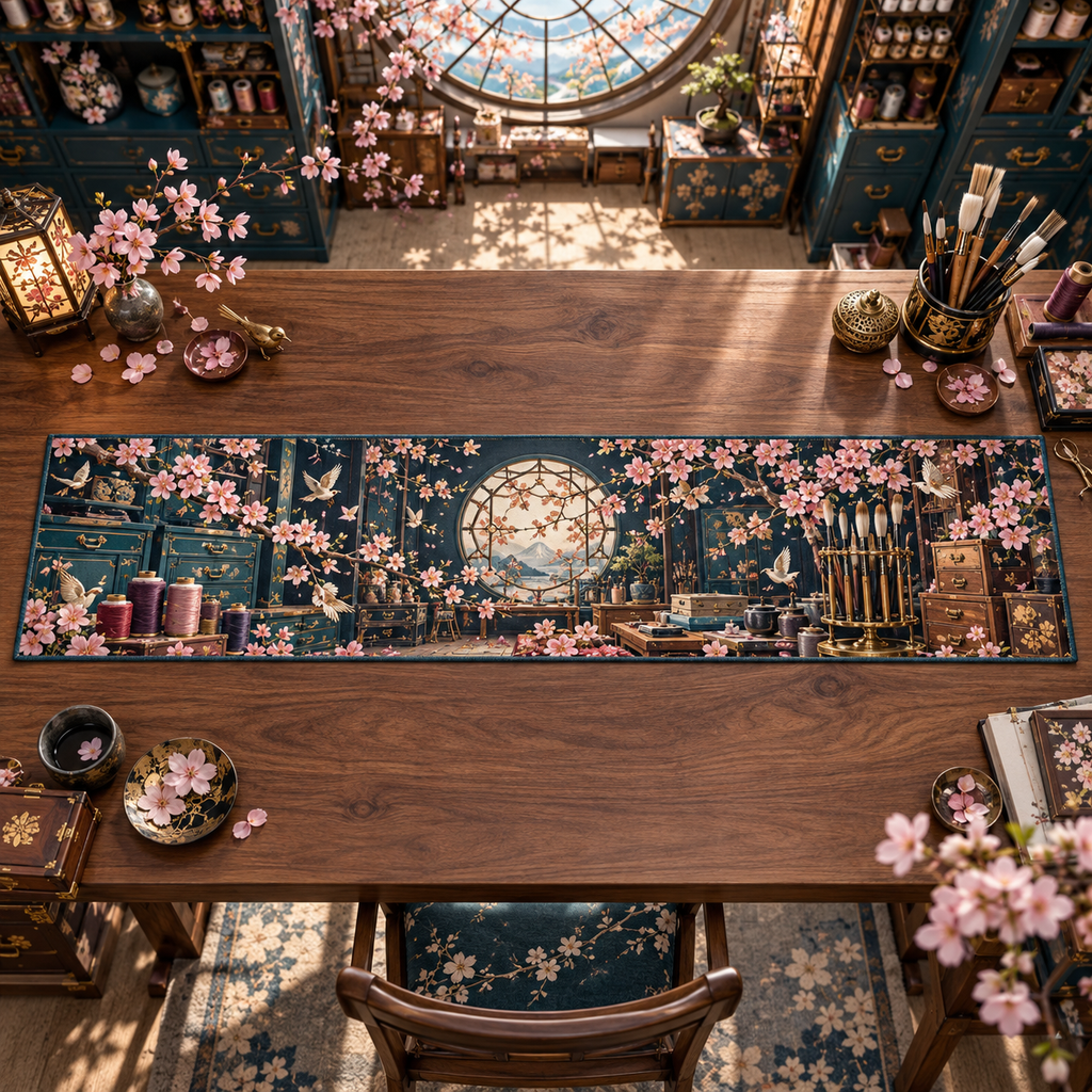One table runner with an original Sakura Maker Atelier, lacquer cabinets, studio tools and skylit-workshop depth.