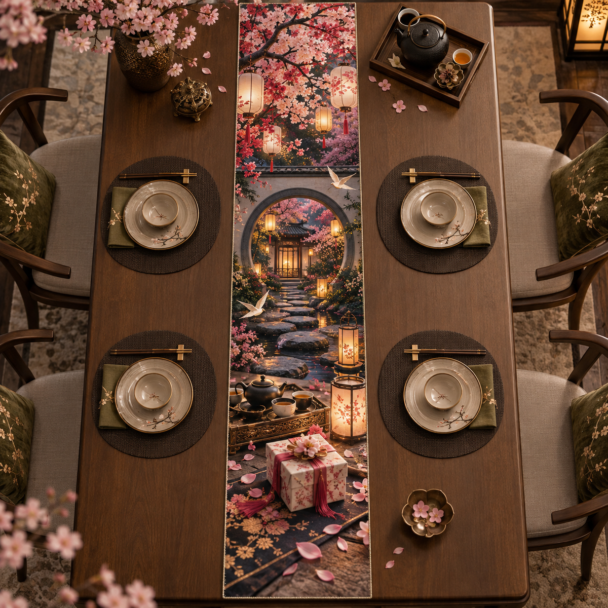 One table runner with an original Sakura Welcome Lantern Courtyard, hospitality gifts, opal lanterns and deep garden paths.