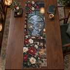 One table runner with an original Camellia Moonwindow Reading Conservatory, tea garden, books and rainlit depth.