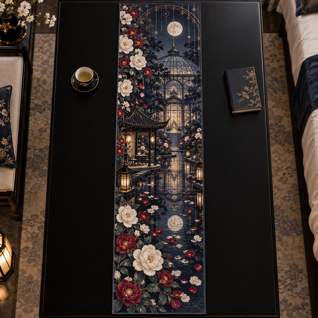 One table runner with an original Camellia Nocturne Glasshouse, monumental flowers, rose-gold arches and moonlit reflecting depth.