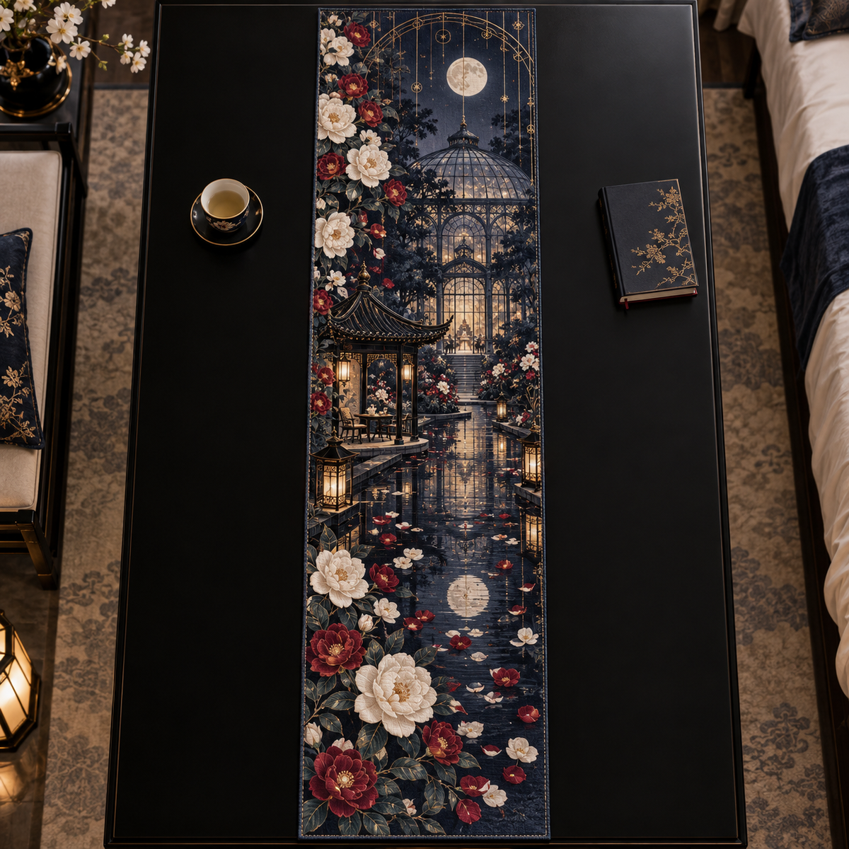 One table runner with an original Camellia Nocturne Glasshouse, monumental flowers, rose-gold arches and moonlit reflecting depth.
