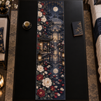 One table runner with an original Camellia Nocturne Glasshouse, monumental flowers, rose-gold arches and moonlit reflecting depth.