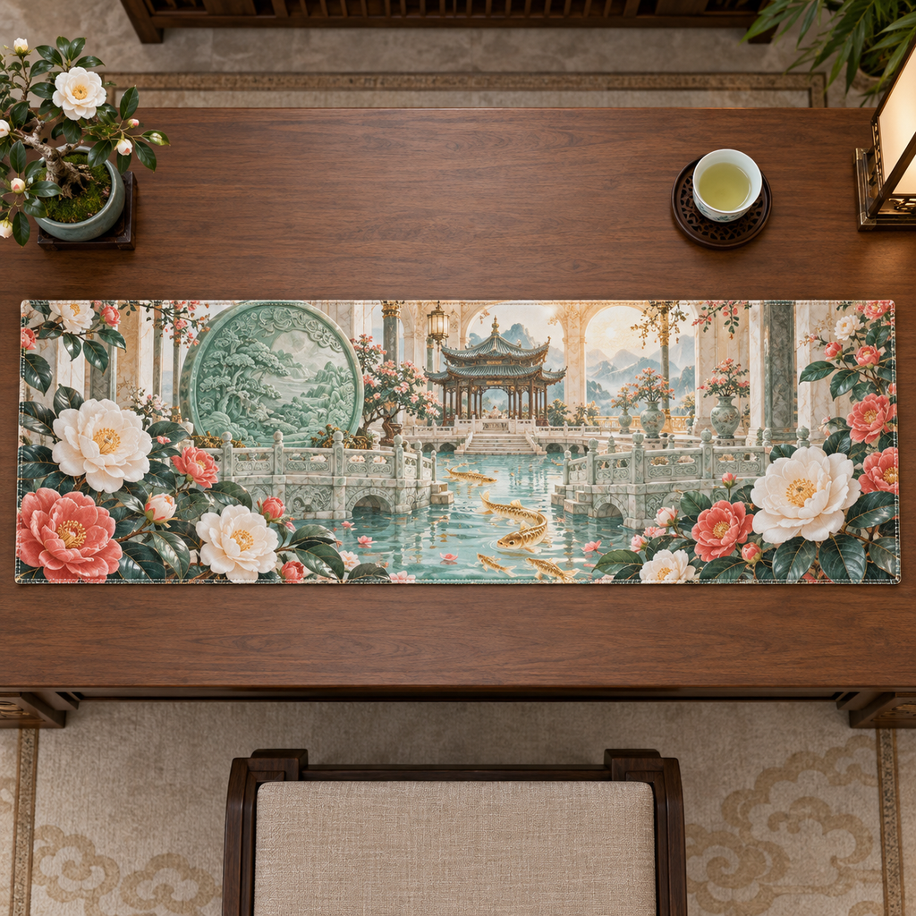 One table runner with an original Camellia Jade Cascade Salon, monumental flowers, jade fan screens and luminous garden depth.