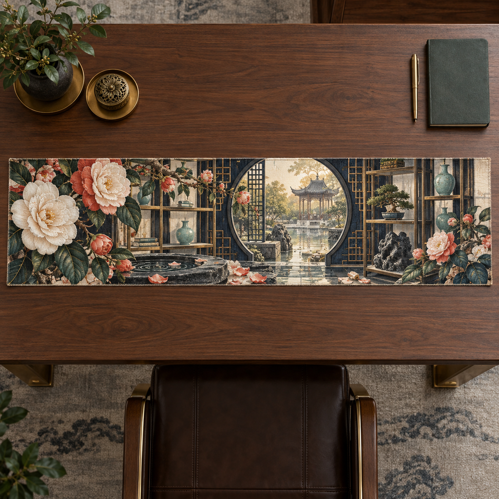 One table runner with an original Camellia Scholar Window Atrium, monumental flowers, ink-indigo windows and luminous garden depth.