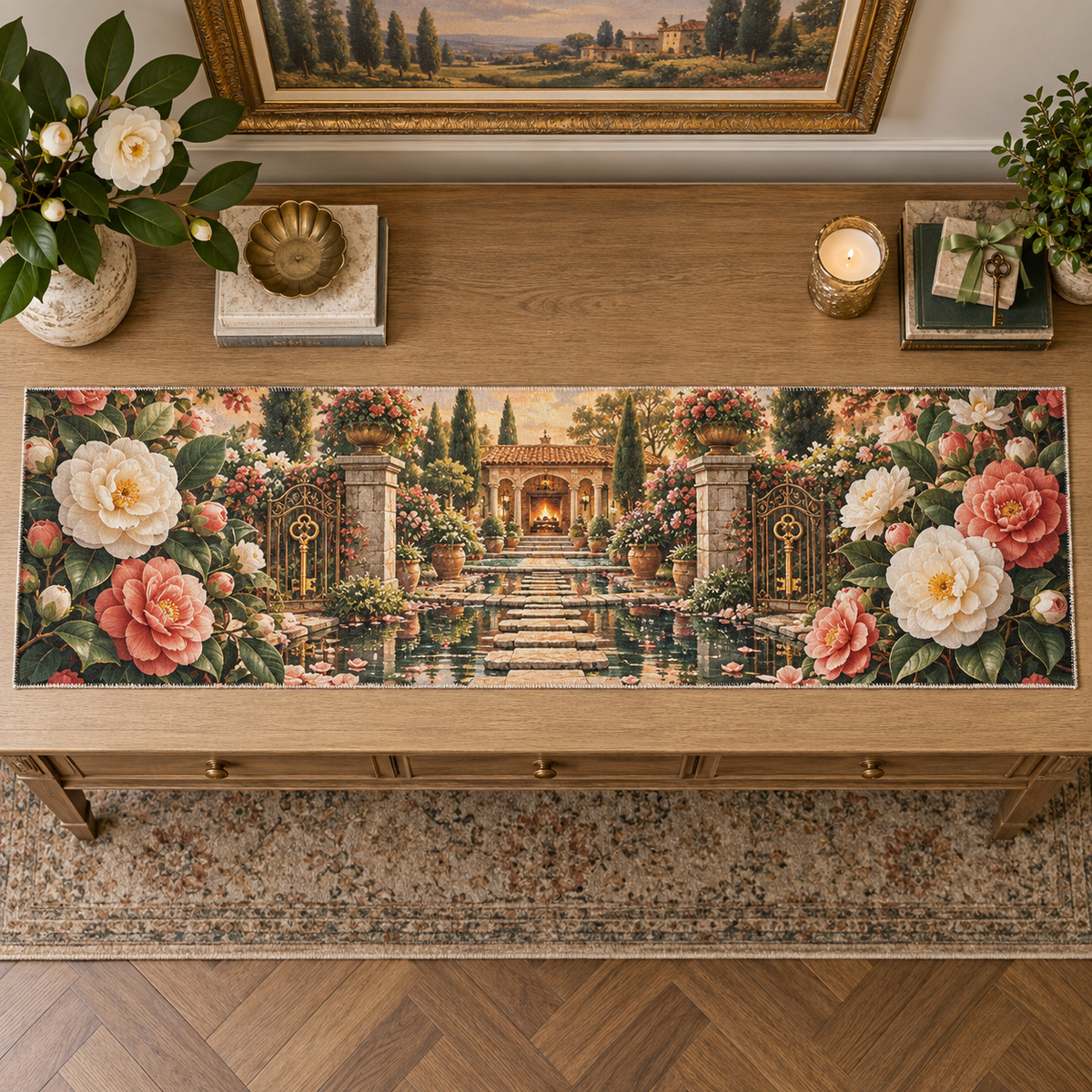 One table runner with an original Camellia Hearthgate Welcome Garden, monumental flowers, key arches and luminous new-home depth.