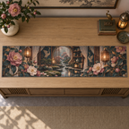 One table runner with an original Camellia Whispering Lantern Nook, layered tea alcove, camellias and luminous quiet-corner depth.