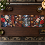 One table runner with an original Camellia Porcelain Cabinet Jubilee, rare tea vessels, glass domes and luminous collector-garden depth.