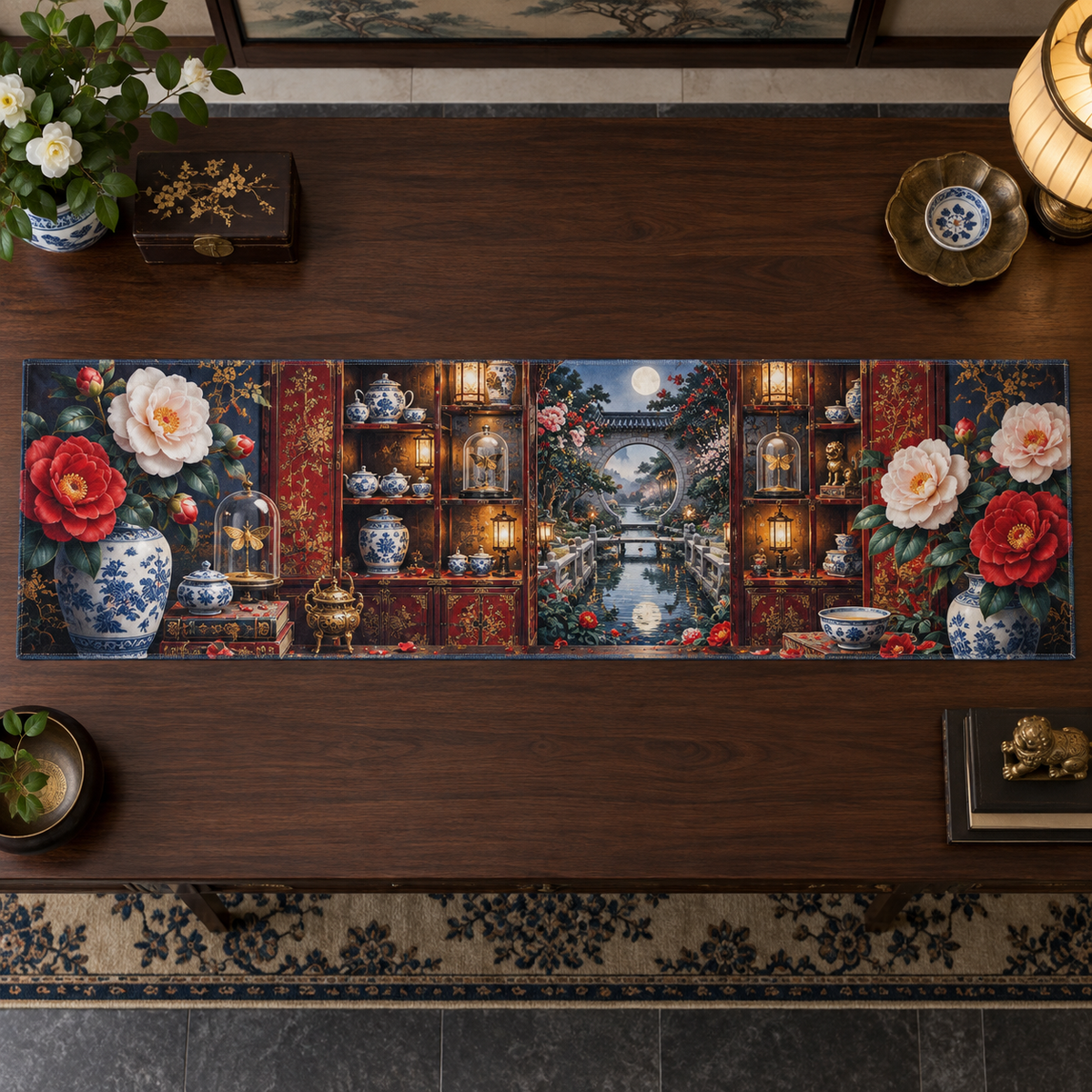 One table runner with an original Camellia Porcelain Cabinet Jubilee, rare tea vessels, glass domes and luminous collector-garden depth.