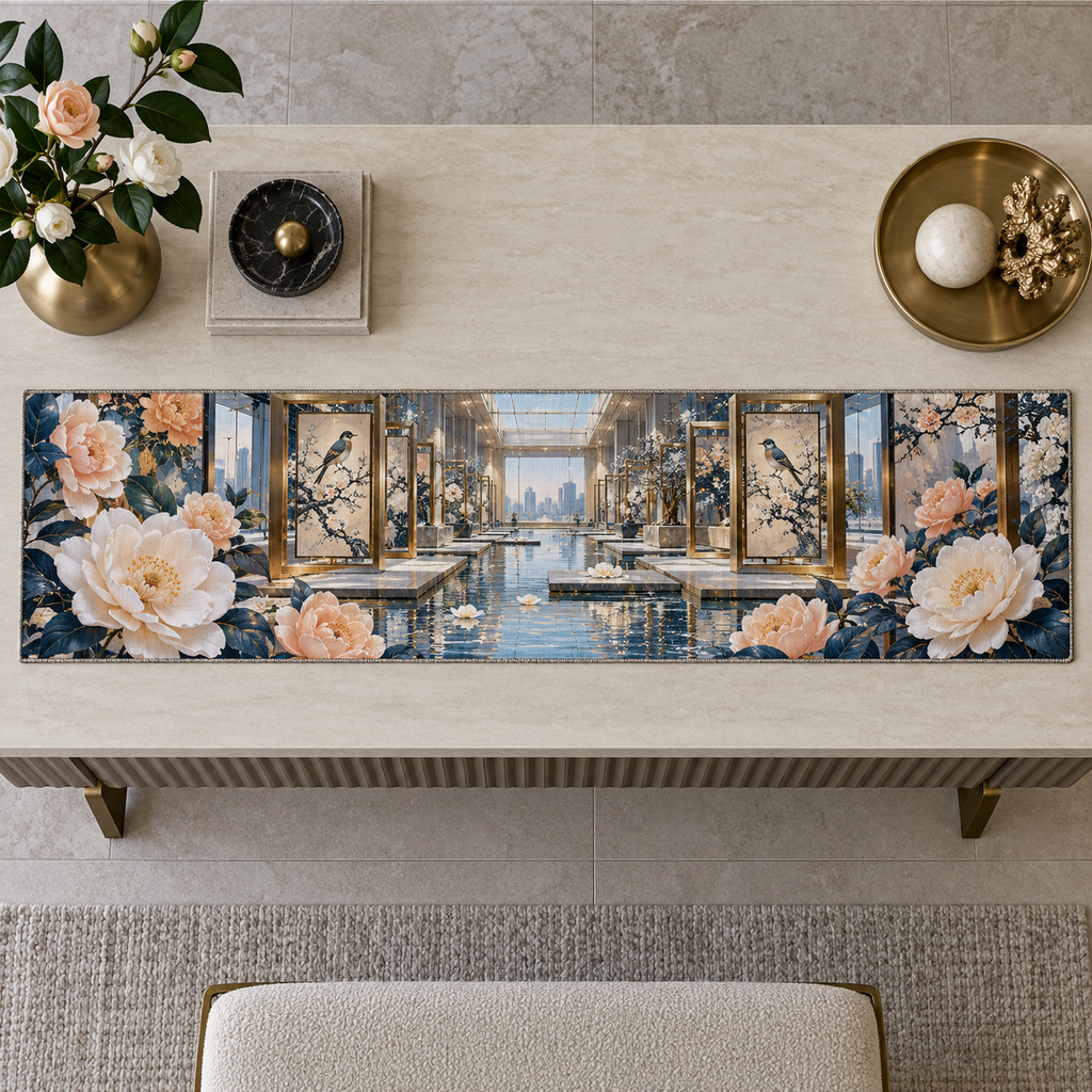 One table runner with an original Camellia Floating Gallery Arcade, floating frames, bird panels and luminous apartment depth.