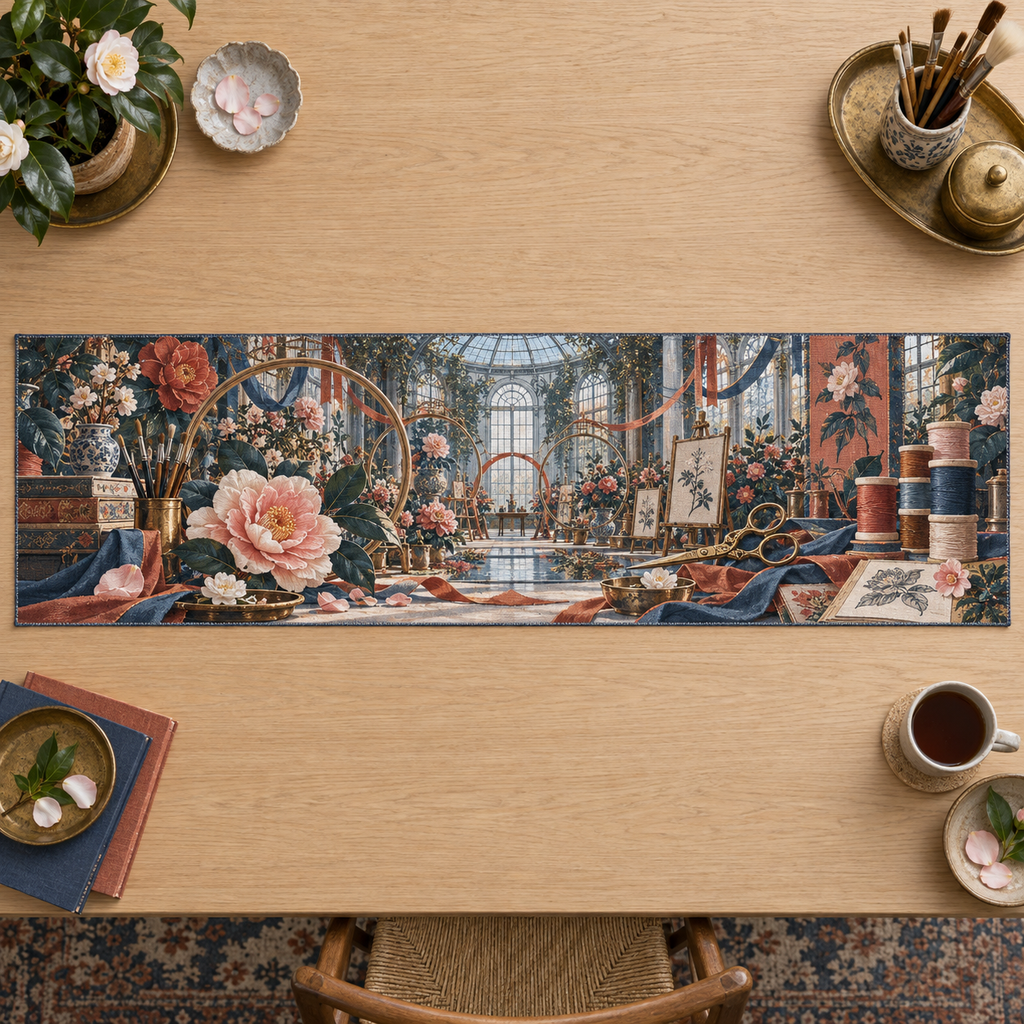 One table runner with an original Camellia Maker Atelier Atrium, maker tools, camellias and luminous studio depth.