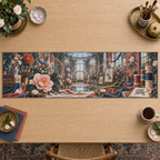 One table runner with an original Camellia Maker Atelier Atrium, maker tools, camellias and luminous studio depth.