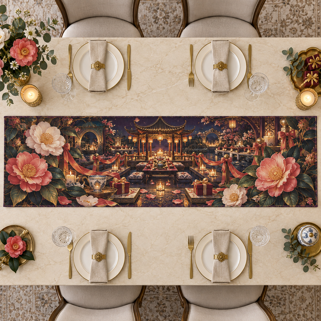 One table runner with an original Camellia Gracious Supper Pavilion, candlelit tea terraces, gifts and deep garden perspective.