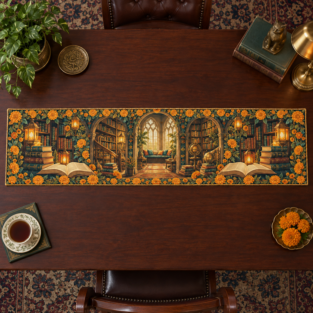 One table runner with an original Marigold Lanternleaf Library, open-book portals, spiral stacks and deep reading-nook perspective.