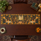 One table runner with an original Marigold Lanternleaf Library, open-book portals, spiral stacks and deep reading-nook perspective.
