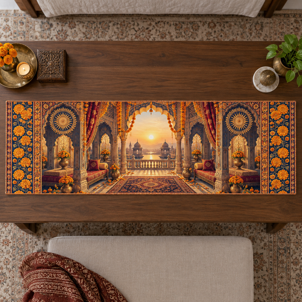 One table runner with an original Marigold Sunvault Canopy, sunburst medallions, mirrored niches and deep balcony perspective.