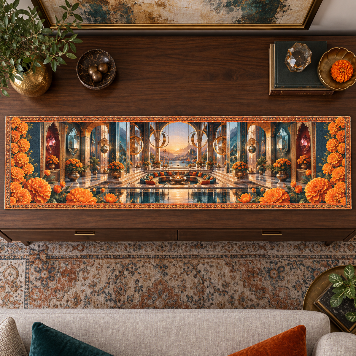 One table runner with an original Marigold Prism Salon, jewel arches, brass rings and deep conversation-terrace perspective.