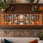 One table runner with an original Marigold Prism Salon, jewel arches, brass rings and deep conversation-terrace perspective.