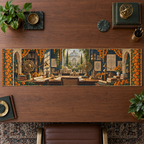 One table runner with an original Marigold Meridian Studio, brass orreries, architectural models and deep conservatory perspective.