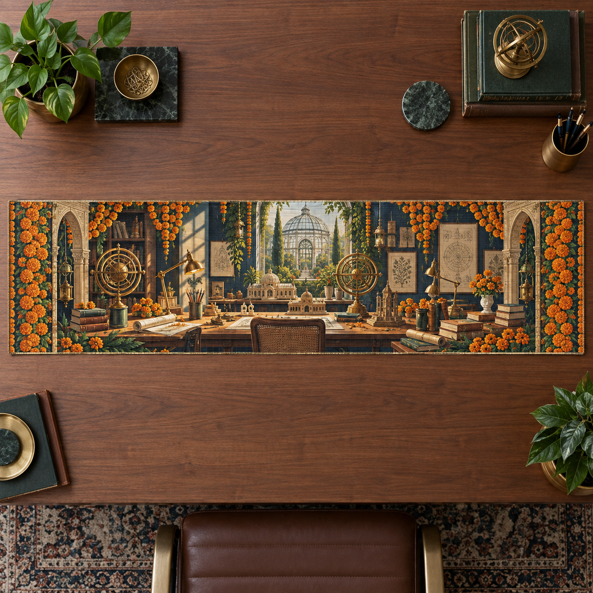 One table runner with an original Marigold Meridian Studio, brass orreries, architectural models and deep conservatory perspective.