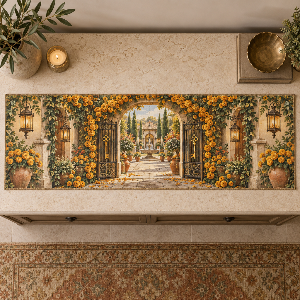 One table runner with an original Marigold Hearthkey Courtyard, marigold garlands, garden gates and lantern-lit depth.