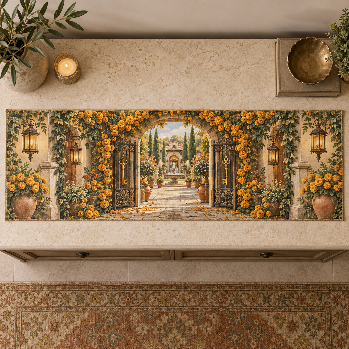 One table runner with an original Marigold Hearthkey Courtyard, marigold garlands, garden gates and lantern-lit depth.
