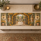 One table runner with an original Marigold Hearthkey Courtyard, marigold garlands, garden gates and lantern-lit depth.