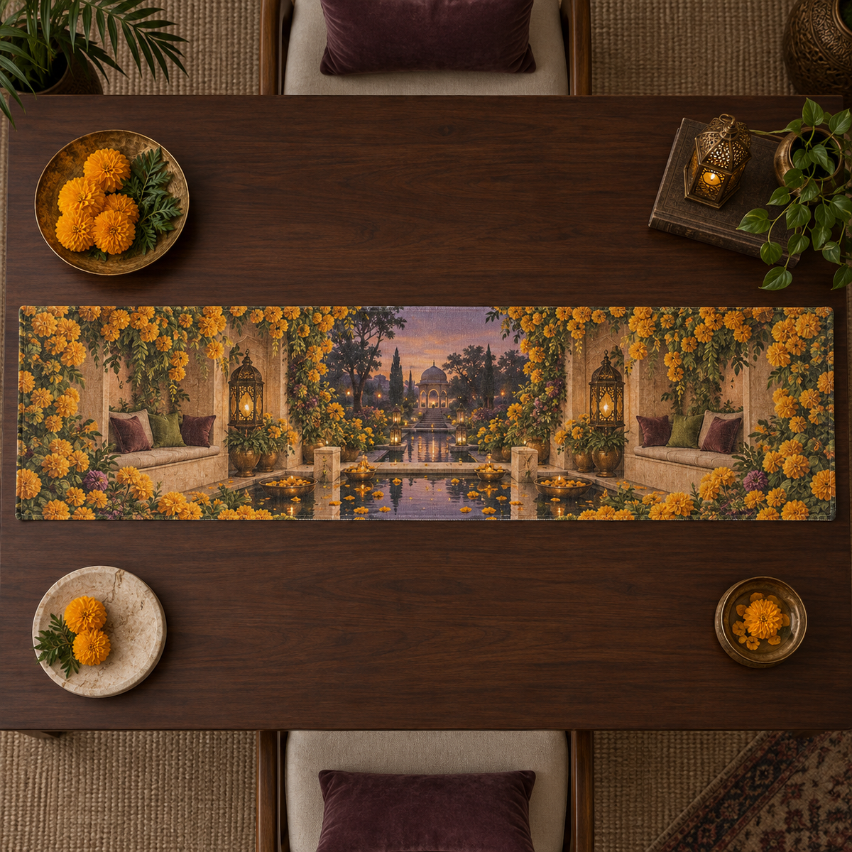 One table runner with an original Marigold Hushlight Alcove, bronze lanterns, reflecting pools and twilight-garden depth.