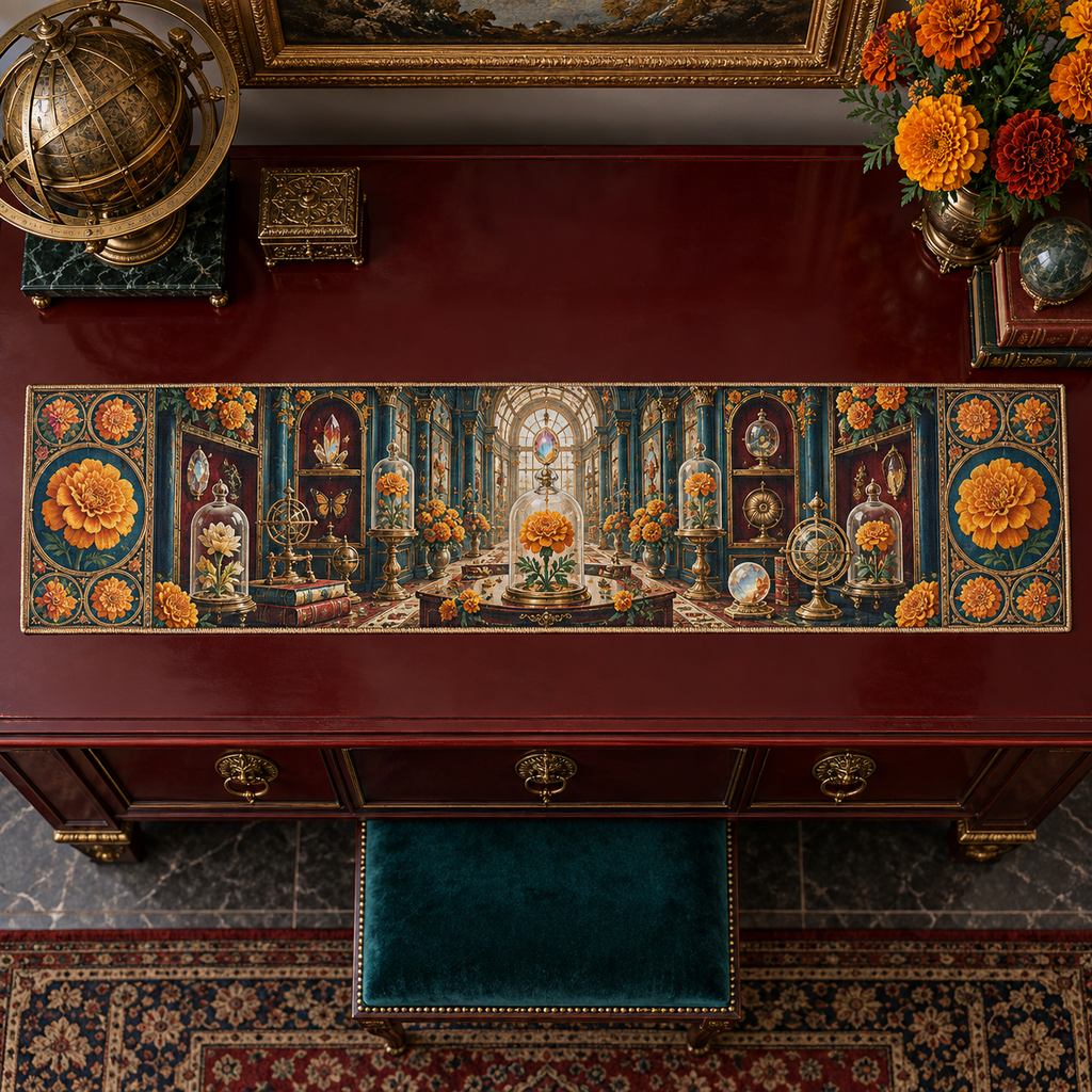 One table runner with an original Marigold Gilded Curio Jubilee, bell jars, brass astrolabes and jewel-lit gallery depth.