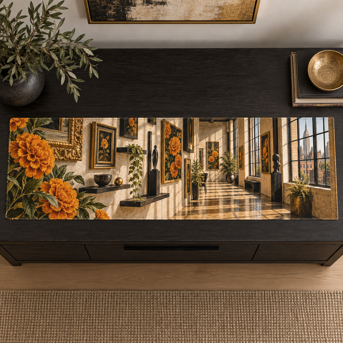One table runner with an original Marigold Velvet Frame Loft, botanical salon frames and sunlit apartment-gallery depth.