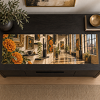 One table runner with an original Marigold Velvet Frame Loft, botanical salon frames and sunlit apartment-gallery depth.