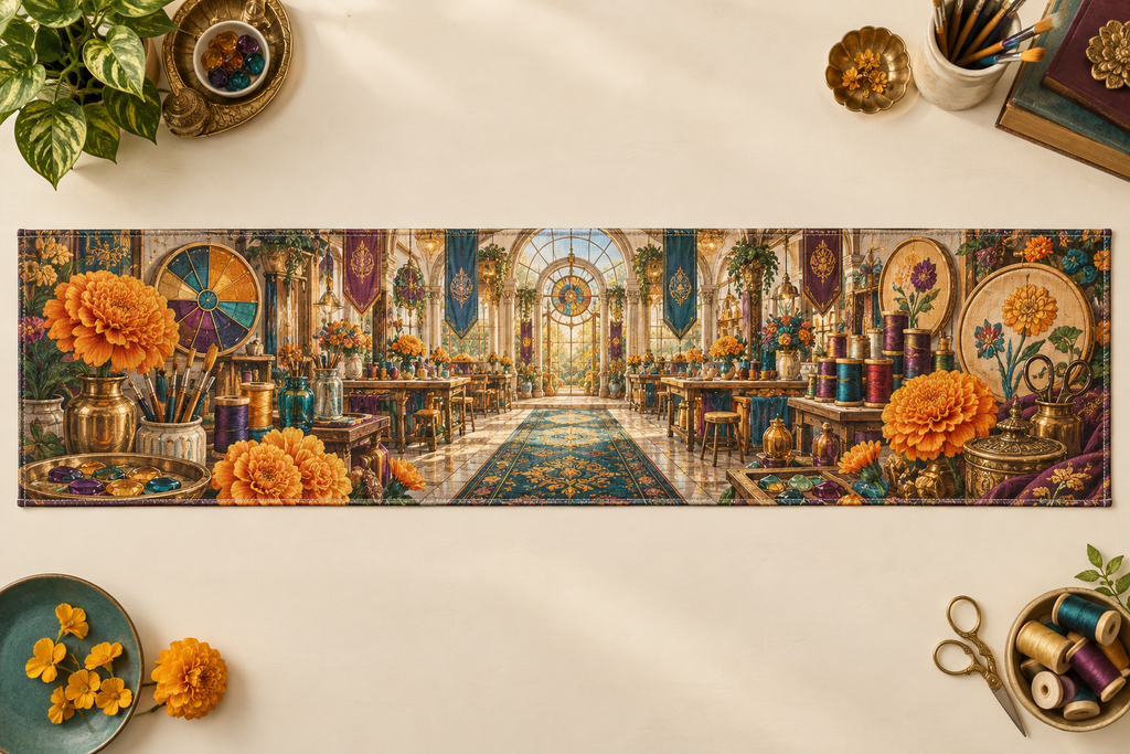 One table runner with an original Marigold Prismcraft Atelier, maker tools and luminous studio depth.