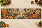One table runner with an original Marigold Prismcraft Atelier, maker tools and luminous studio depth.