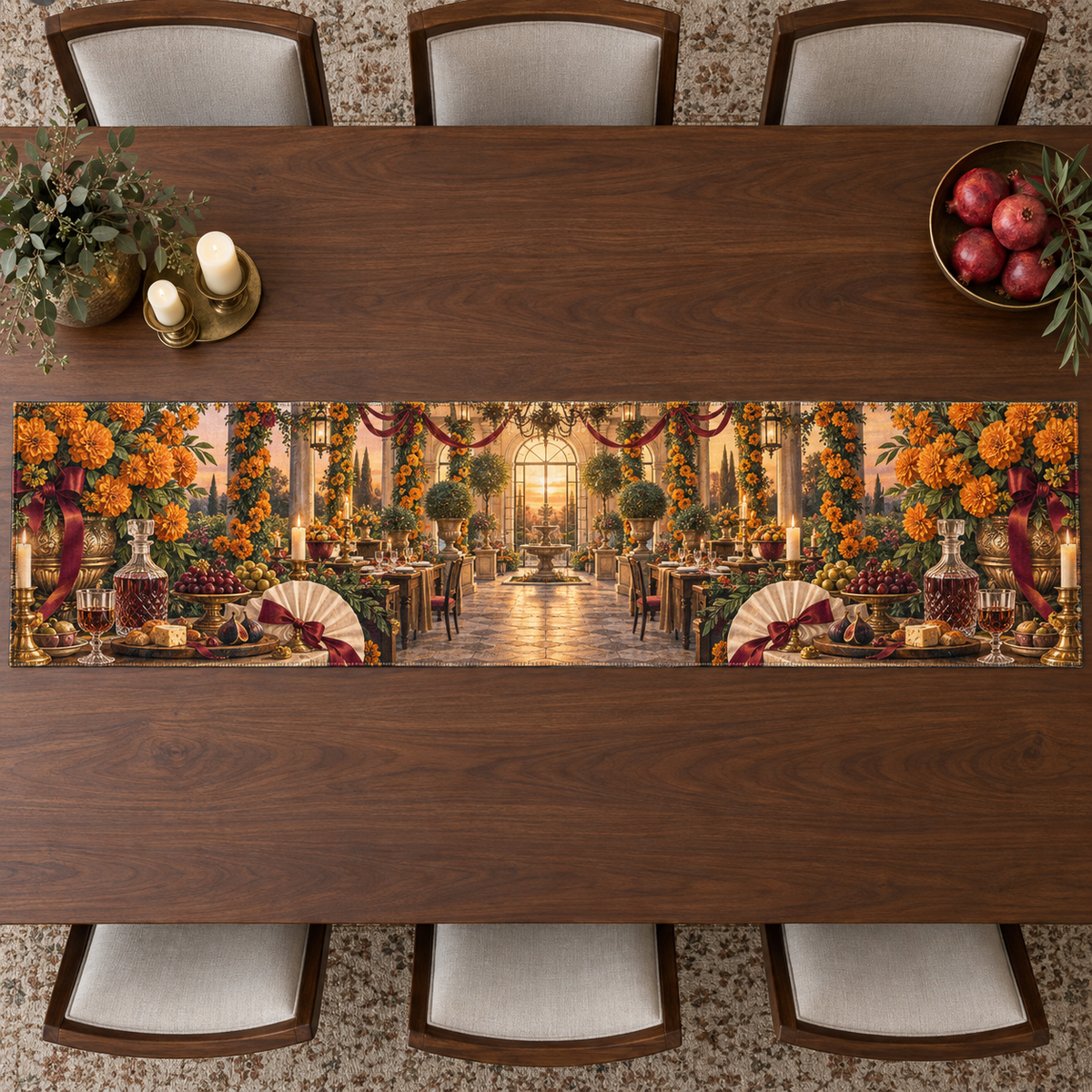 One table runner with an original Marigold Ribboned Supper Pavilion, host tablescape and glowing orangerie depth.