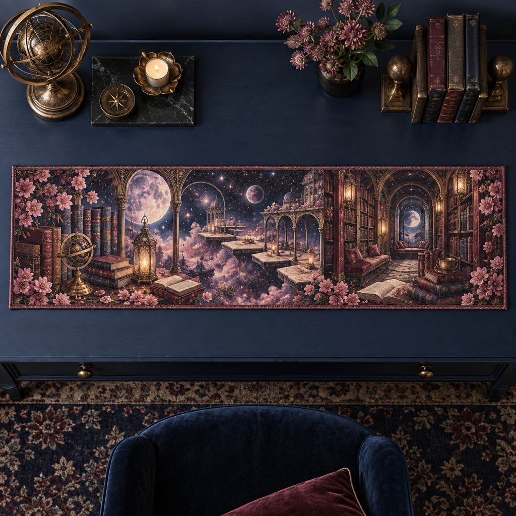 One table runner with an original Cosmos Starleaf Reading Arcade, moonlit bookshelves and layered floral depth.