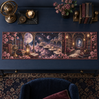 One table runner with an original Cosmos Starleaf Reading Arcade, moonlit bookshelves and layered floral depth.