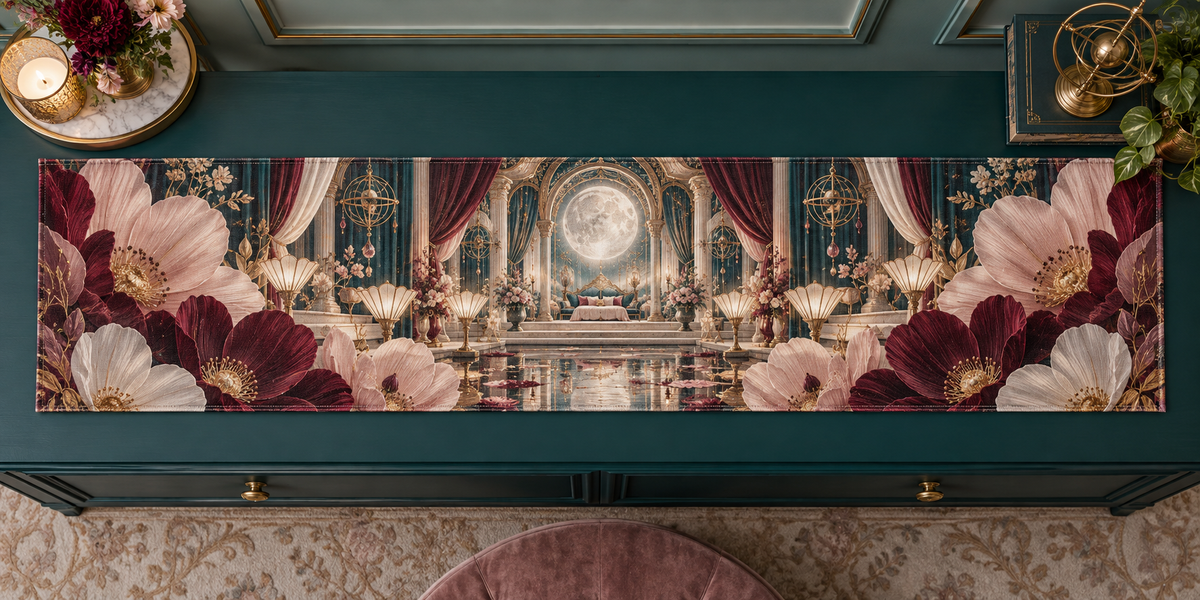 One table runner with an original Cosmos Gilded Mooncanopy Salon, layered flowers and luminous architectural depth.