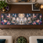 One table runner with an original Cosmos Prismglass Grand Salon, layered flowers and luminous architectural depth.