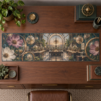 One table runner with an original Cosmos Lenslight Workroom, layered flowers and luminous botanical-studio depth.
