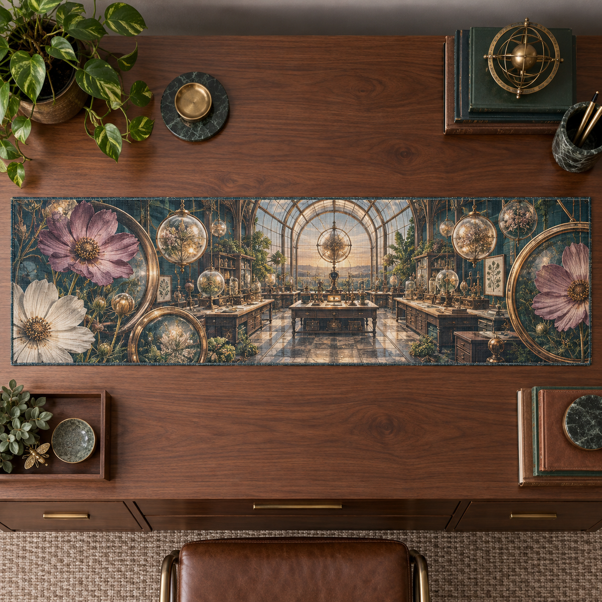 One table runner with an original Cosmos Lenslight Workroom, layered flowers and luminous botanical-studio depth.