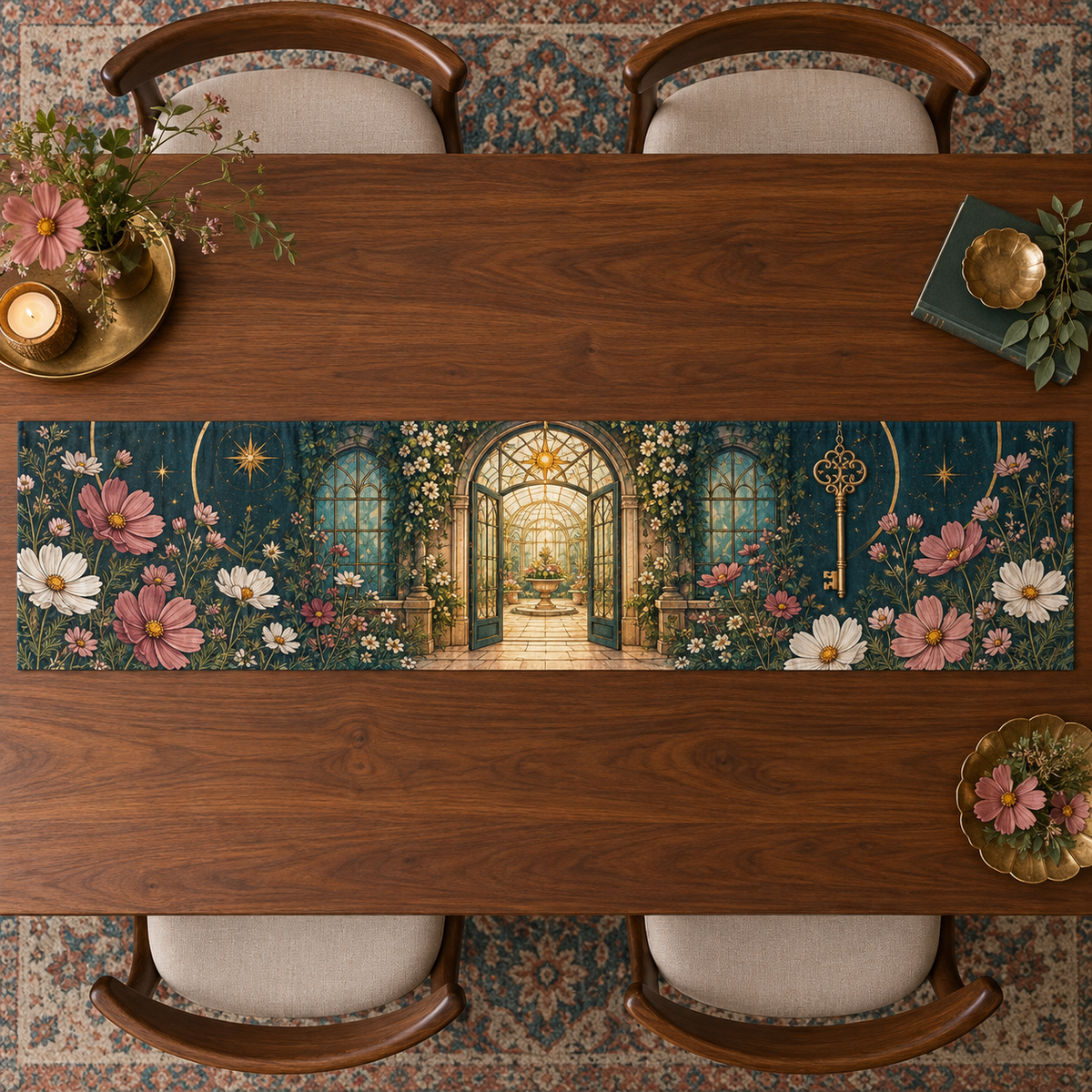 One table runner with an original Cosmos Hearthkey Conservatory, layered flowers and luminous botanical-studio depth.