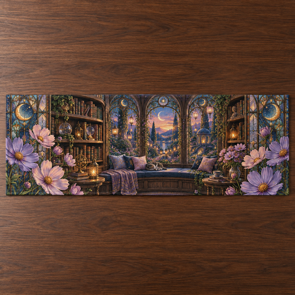 One table runner with an original Cosmos Sunhush Window Nook, layered flowers and luminous botanical-studio depth.