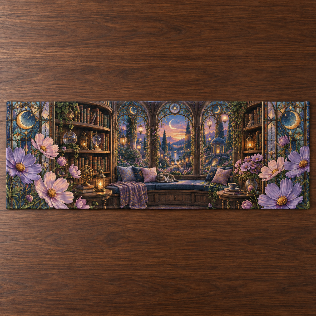 One table runner with an original Cosmos Sunhush Window Nook, layered flowers and luminous botanical-studio depth.