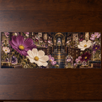 One table runner with an original Cosmos Curator Birthday Reliquary, specimen flowers and luminous collector-gallery depth.
