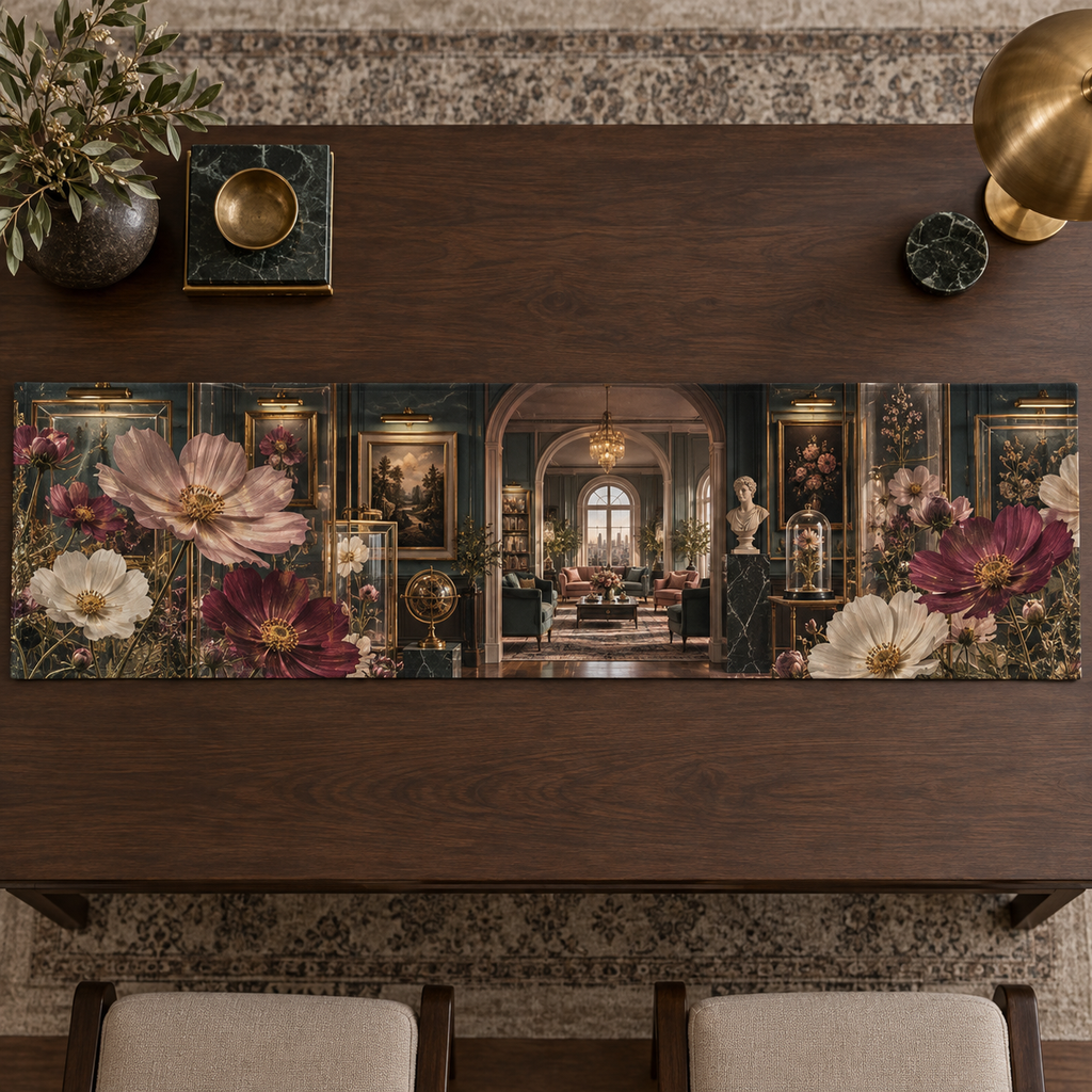 One table runner with an original Cosmos Floating Salon Gallery, specimen flowers and luminous collector-gallery depth.