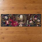 One table runner with an original Cosmos Threadlight Maker Atelier, specimen flowers and luminous collector-gallery depth.