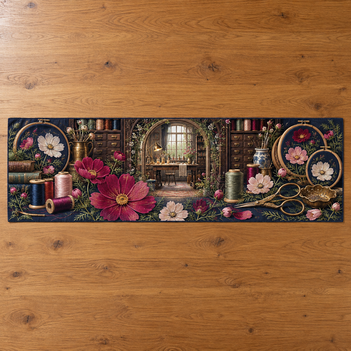 One table runner with an original Cosmos Threadlight Maker Atelier, specimen flowers and luminous collector-gallery depth.
